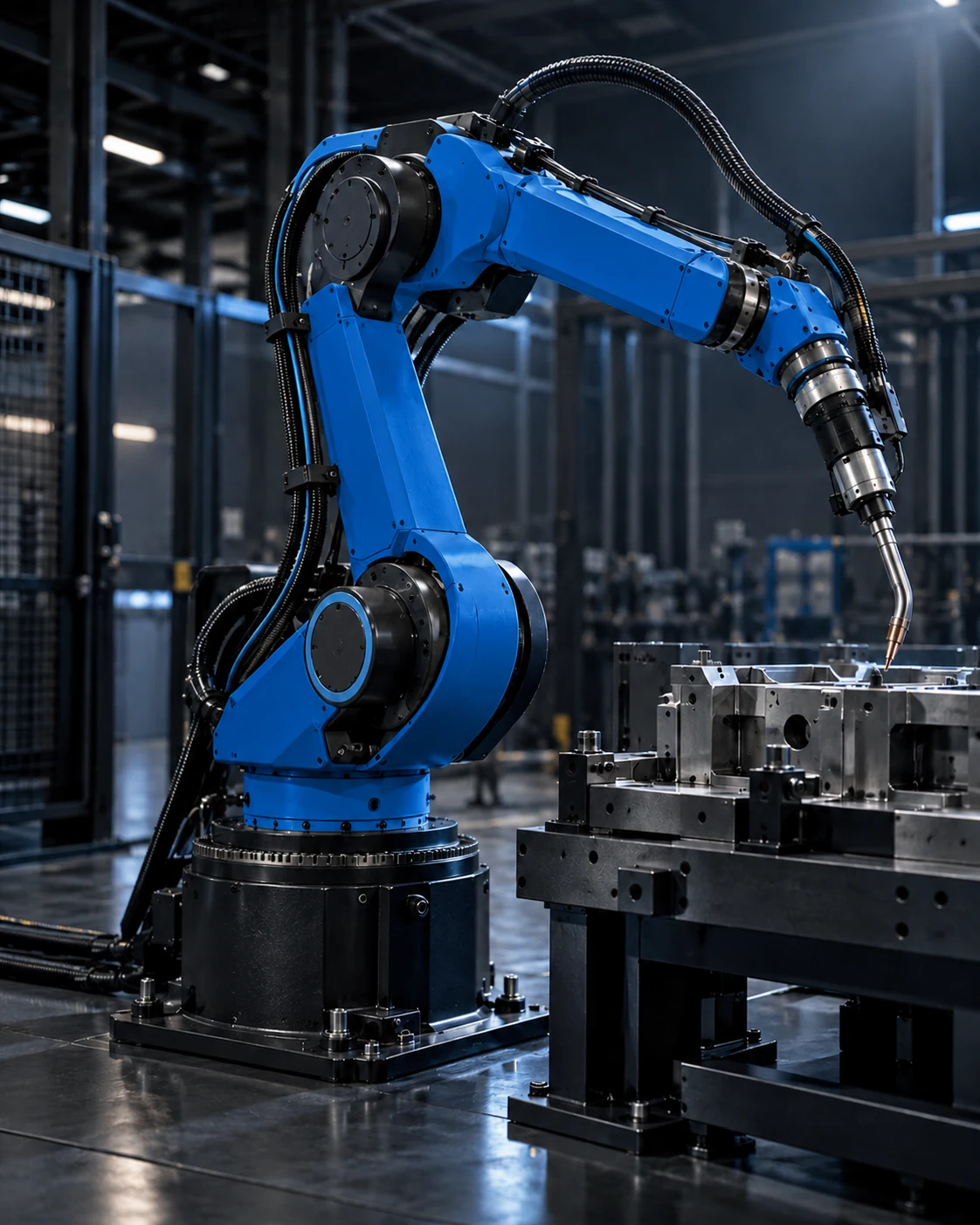Blue industrial robotic welding arm positioned over a machined steel workpiece